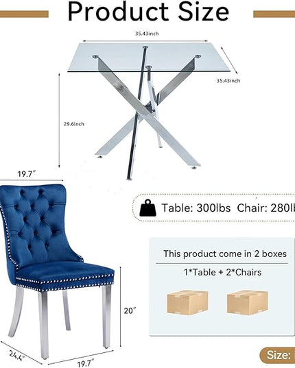 Glass Dining Table Set for 2, Square 36" Dining Table with Silver Cross Metal Leg, 2 Blue Velvet Dining Chairs with Stainless Steel Legs, Modern Glass Kitchen Table and Chairs Set for Small Space
