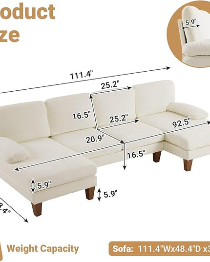 VINGLI 110" Sectional Couches for Living Room,U Shaped Couch with Double Chaise, 4-Seat Sofa Set with Chenille Fabric for Home Furniture,Beige