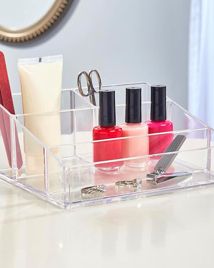 STORi Clear Plastic Small Countertop Vanity Makeup Organizer, Compact Rectangular 4-Compartment Holder for Brushes, Eyeshadow Palettes, & Beauty Supplies, Made in USA