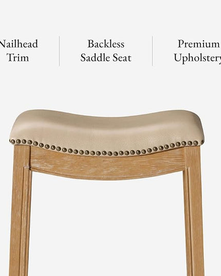 Maven Lane Adrien Backless Bar Stool – 31 Inch Saddle Seat with Footrest – Brown Solid Wood Frame & Beige Faux Leather Upholstery – Ideal for Bars, Pub Tables & Tall Kitchen Counters