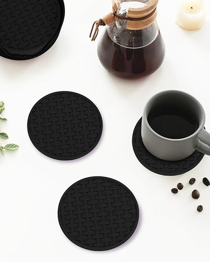 6 Pcs Silicone Coasters for Drinks Black, 4 Inches Heat Resistant Cup Mats, Non-Slip Waterproof Table Protectors for Coffee Mugs, Cups - Home Kitchen Office Decor