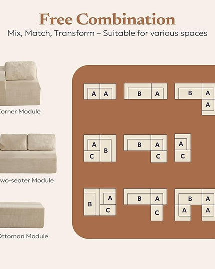 40" Modular Upholstered Foam Couch, Upholstered Floor Sofa Couch with Pillow, Single Sofa for Bedroom Living Room, No Assembly Required (Corduroy Fabric, Beige)