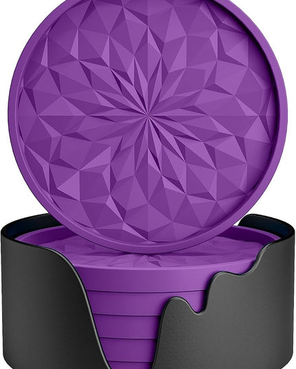 ME.FAN Silicone Coasters with Holder,[6 Pack] Drinking Coasters - Cup Mat for Hot or Cold Drinks, Thickened, Non-Slip, Non-stick,Deep Tray Dark Purple