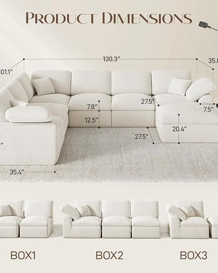 Oversized Cloud Couch Sectional Sofa, 7 Seater Modular Sectional Couches with Movable Ottoman, Convertible Corduroy Couch Boneless Comfy Sofa for Living Room, No-Assembly, Cream