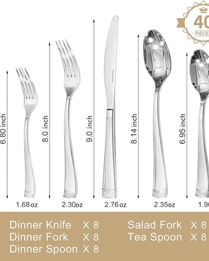 KINGSTONE Silverware Set, 40-Piece Flatware Set for 8, 18/10 Stainless Steel Cutlery Set with Bead Edge, Utensil for Kitchen, Home, Party, Wedding, Mirror Polished, Dishwasher Safe, Featured Gifts
