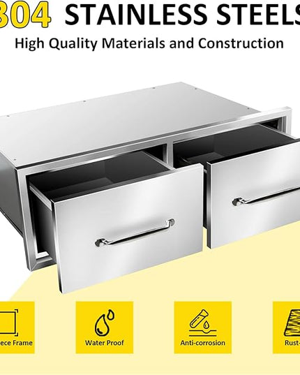 Outdoor Kitchen Drawers 30" W x 10" H x 20" D Flush Mount Horizontal Double Drawers with Chrome Handle,Stainless Steel Built-in BBQ Drawer for Outdoor Kitchen Island, Patio Grill Station