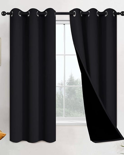 Yakamok 100% Blackout Lined Pair Curtains for Bedroom, Window Treatment Thermal Insulated Noise Blocking Drapes for Living Room(42Wx63L,Black, 2 Panels)