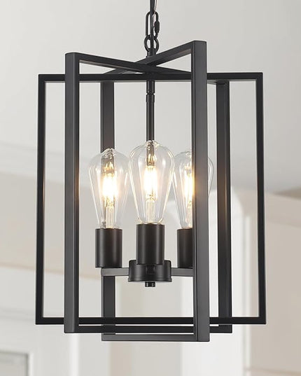 Black Farmhouse Modern Chandelier Light Fixture for Dining Room, 3 Light Rustic Kitchen Island Metal Pendant Hanging, Adjustable Geometric Foyer Light Fixtures for Entryway Hallway Living Room