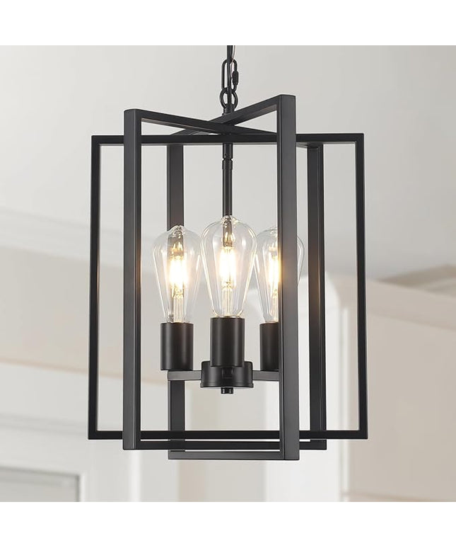Black Farmhouse Modern Chandelier Light Fixture for Dining Room, 3 Light Rustic Kitchen Island Metal Pendant Hanging, Adjustable Geometric Foyer Light Fixtures for Entryway Hallway Living Room