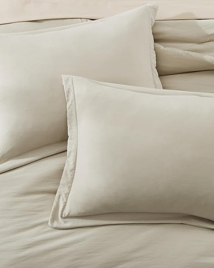 WRENSONGE Light Oatmeal Queen Comforter Set, 7 Pieces Soft Microfiber Comforters Queen Size with Fitted Sheet, Flat Sheet, 2 Pillow Shams, and 2 Pillowcases- Warm Bedding Sets Queen for All Season