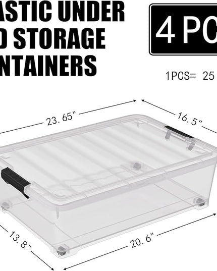 25 Quart Under Bed Clear Latch Bin with Wheel, Plastic Under Bed Storage Box, 4 Pack