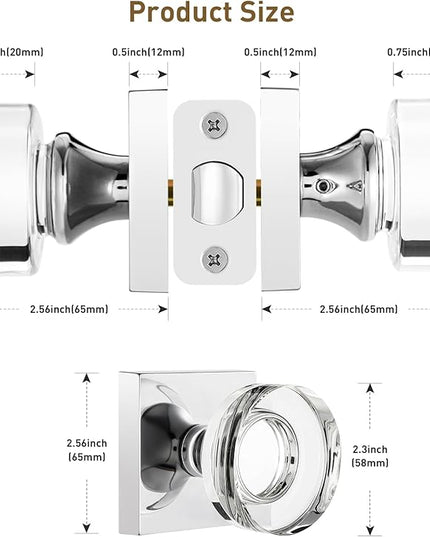 Polished Chrome Passage Door Knobs Interior, Crystal Glass Passage Door Knobs for Closet, Modern Round Door Handles for Hallway