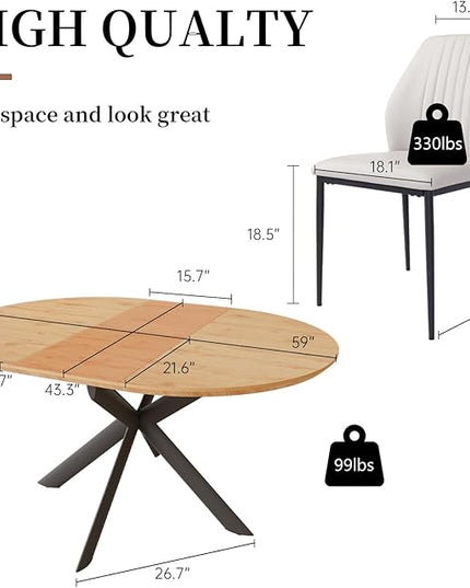 43.2"-59.1" Extendable Round Dining Table Set, Round Table for 4-6 Person with Scratch-Resistant Thickened MDF Board, Oak Coffee Table w/Metal Legs