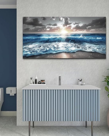 hyidecorart Canvas Wall Decor For Office Large Wall Art For Living Room Blue Beach Painting Sea Waves Sunshine Wall Pictures Bedroom Home Decorations Prints Posters Mural Artwork Ready To Hang