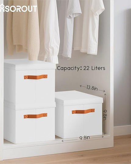 Storage Bins with Lids - Fabric Storage Baskets for Shelves, 4 Pack Foldable Decorative Boxes with Handles, Stackable Organizer Bins for Home, Nursery, Dorm, White