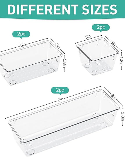 WOWBOX 6 Pack Clear Drawer Organizer Set, Acrylic Drawer Storage Trays, Storage Bins for Makeup, Cosmetics, Jewelries, Utensils, Gadgets, Office