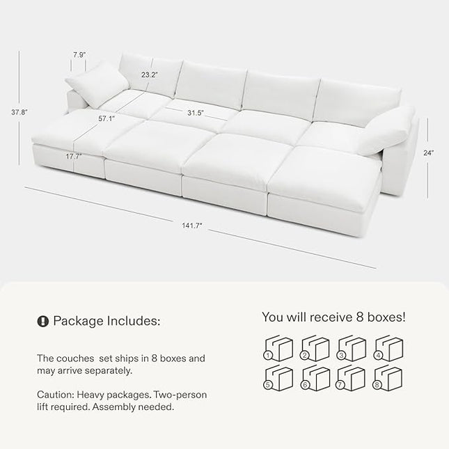 141.7" Cloud Couch Oversized Modular Sectional Sofa, 4 Seater with 4 Ottoman Modern Sofa True Relax Comfy, Wide & Deep Seat Couches with Metal Frame, Furniture Sets for Living Room, White