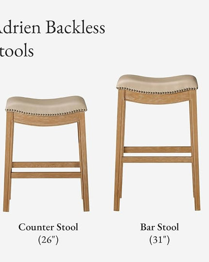 Maven Lane Adrien Backless Bar Stool – 31 Inch Saddle Seat with Footrest – Brown Solid Wood Frame & Beige Faux Leather Upholstery – Ideal for Bars, Pub Tables & Tall Kitchen Counters