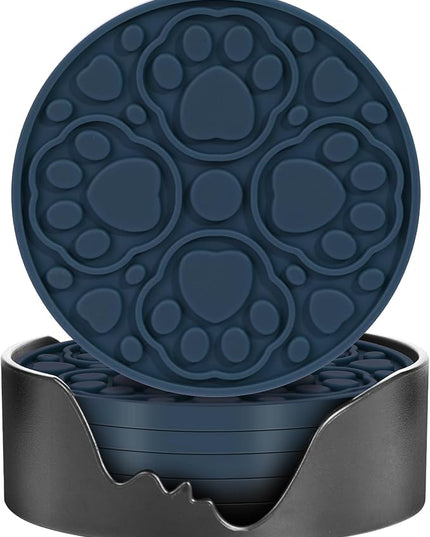 Blue Silicone Coasters with Holder, 4 Inch Non-Slip Coffee Round Cup Mats, Modern Bar Coaster Set of 6 for Desk, Table, Drink, Beer, Berverage - Dishwasher Safe