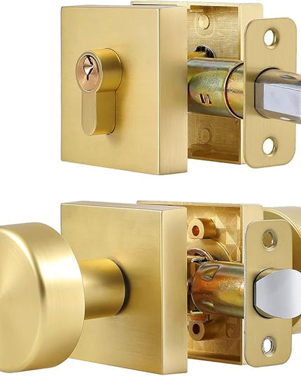 Gold Round Exterior Door Knob with Single Cylinder Deadbolt Lock Set, Fits Standard US Size Doors, Easy To Install, Deadbolt Lock for Left or Right Handed Use