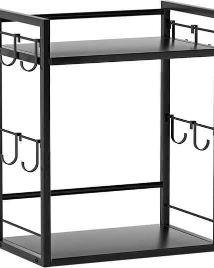 Dorhors 2 Tier Coffee Bar Accessories and Organizer,Multi-functional Mug Holder with 12 Hooks,Wood Coffee Station Organizer,Kitchen Countertop Shelf (Black)