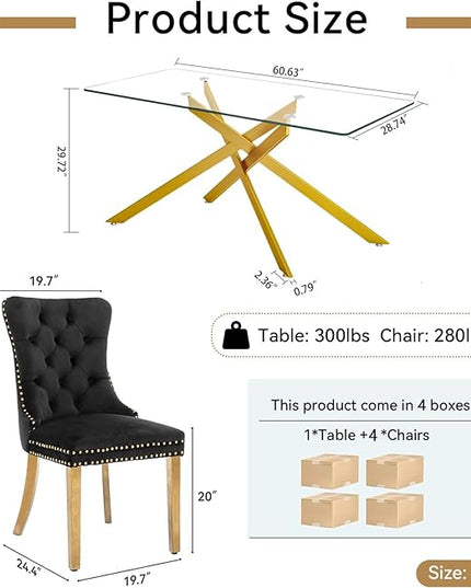 60" Glass Dining Table Set for 4, Modern Dining Room Table Set for 4, Gold X-Shape Pedestal Glass Table with 4pcs Black Dining Chairs, 5 Piece Dining Set for Dining Living Room