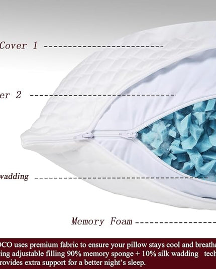 NTCOCO Shredded Memory Foam Bed Pillows for Sleeping Standard Size Set of 2, with Washable Removable Hypoallergenic Sleep Pillow for Back and Side Sleeper