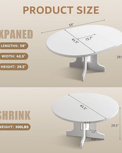 iPormis 59" Round Extendable Dining Table for 4-6, Modern Kitchen Table with Heavy Duty Pedestal Base & Wooden Top, Oval Dining Room Table for Dining Living Room, Easy Assembly, White
