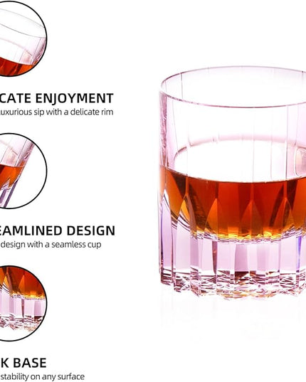 KAMMAK Crystal Whiskey Glasses Set of 2, 7.61 oz (225 ml) Hand Blown Old Fashioned Tumbler, Pink Thick Base Glass with Delicate Rim & Seamless Design for Scotch, Bourbon, Cocktails, Lead-Free Barware