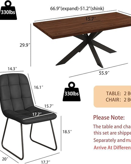 ZckyCine 7-Piece Dining Table Set with 51"-67" Extendable Walnut Wood Table and 6 PU Leather Chairs, Modern Rectangular Kitchen Table Set with Metal Legs, Seats 6, Easy Assembly
