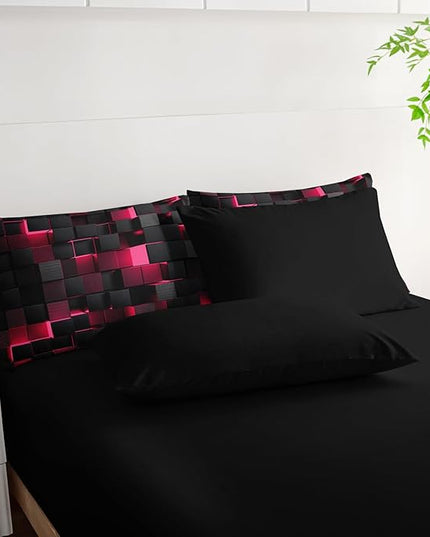 Geometric Pink Black Queen Comforter Set,Light Honeycomb Bedding Set 7 Piece in A Bag,Bed Sheet Set Geometry Decor,Microfiber Lightweight All Season