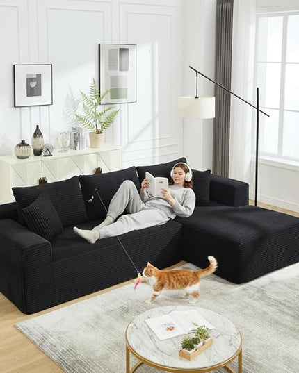 PELUMY 108.7" L-Shaped Modular Sectional Sofa with Oversized Chaise, Cloud Couch with Memory Foam, No Assembly Required Sleeper Sofa for Small Space Living Room, Apartment (Black, Corduroy)