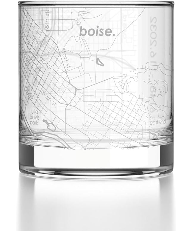 Well Told Engraved Boise Idaho Map Rocks Glass, Old Fashioned Glassware (11 oz, Clear) Etched Bourbon Tumbler, Gifts For Whiskey Lovers