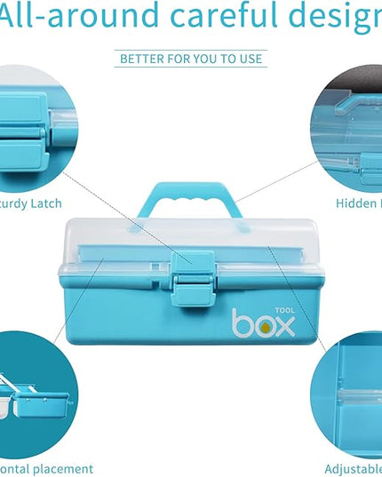 12in 3-Layer Plastic Craft Organizers and Storage, Portable Folding Tackle Box with Handle & Adjustable Dividers, Multipurpose Case for Sewing, Art Supplies, Medicine, Tools (Blue)