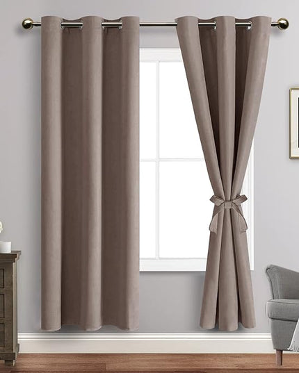 JIUZHEN Tan Blackout Curtains with Tiebacks - Thermal Insulated, Light Blocking and Noise Reducing Grommet Curtains for Bedroom and Living Room, Set of 2 Window Curtain Panels, 42 x 72 Inch Length