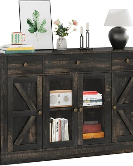 4 EVER WINNER 55" Coffee Bar with 4 Glass Doors and 3 Drawers, Sideboard Buffet Cabinet with Storage, Farmhouse Coffee Bar Cabinet with Adjustable Shelves for Kitchen, Dining Room, Rustic Oak