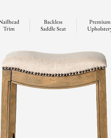 Maven Lane Adrien Backless Bar Stool – 31 Inch Saddle Seat with Footrest – Natural Solid Wood Frame & Natural Fabric Upholstery – Ideal for Bars, Pub Tables & Tall Kitchen Counters