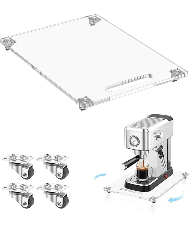 360° Rolling Sliding Tray for Coffee Maker & Kitchen Appliances, 9.8" x 14" Acrylic Appliance Sliders with Silent Rubber Wheels, Coffee Maker Slider Tray for Countertop Moving