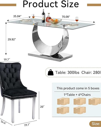 7 Piece Dining Table Set, Modern Glass Dining Table Set for 6, 70" Luxury Glass Table w/Silver Stainless Steel Base & 6 Black Tufted Chairs, Kitchen Dining Room Sets for 6 for Breakfast Dinner Dinette
