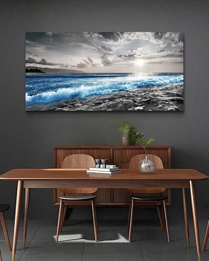 Hyidecorart Framed Canvas Wall Art - Large Size Decor for Office, Living Room, Bedroom - Blue Ocean, Black & White Modern Pictures