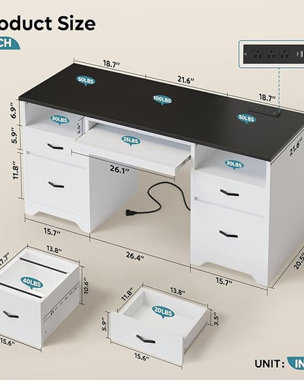Bestier 59” Computer Desk with 4 Drawers, Office Desk with Storage, Modern Executive Desk with Charging Station, Keyboard Tray & Wooden Pedestals on Both Sides for Home Office & Studio, White