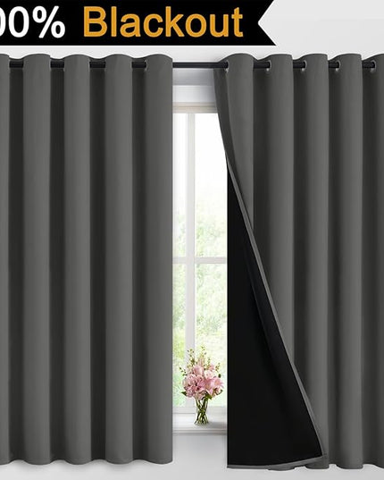 Dark Grey Full Shade Curtain Panels, Heavy Duty Lined Curtains 63 Inches Long, Thermal Insulated Room Darkening Curtains with Black Liner for Bedroom(62" Width Each Panel, Dark Gray, 2 Panels)