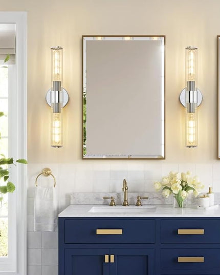 Bathroom Vanity Light Fixtures, Chrome Wall Sconce in Threaded Glass, Modern Wall Light Up and Down Wall Mount Lamp for Bathroom, Living Room, Hallway, Kitchen - Bulb Not Included