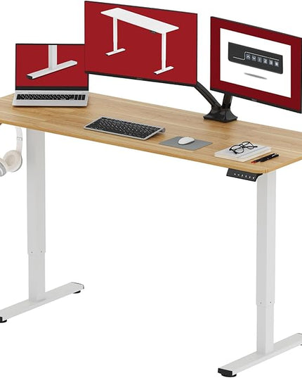 SANODESK Electric Standing Desk 63x24 Inch Height Adjustable Stand Up Desk Home Office Computer Workstation Sit Stand Home Office Desk with Splice Board (White Frame + Maple Top)