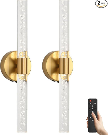 Battery Operated Wall Sconces Set of Two, Gold 20'' Rechargeable Crystal Bubble Wall Sconce with Remote Control, 3000K-6000K Dimmable LED Wireless Wall Lights for Living Room Bedroom Bathroom Hallway