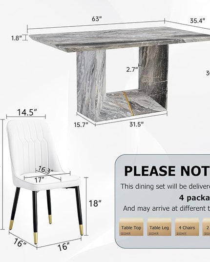 Dinner Table Set for 6, 7 Piece Dining Table Set with Chairs, 63" Faux Marble Modern Table with 6 PU Leather Upholstered Chairs, for Kitchen & Dining Room