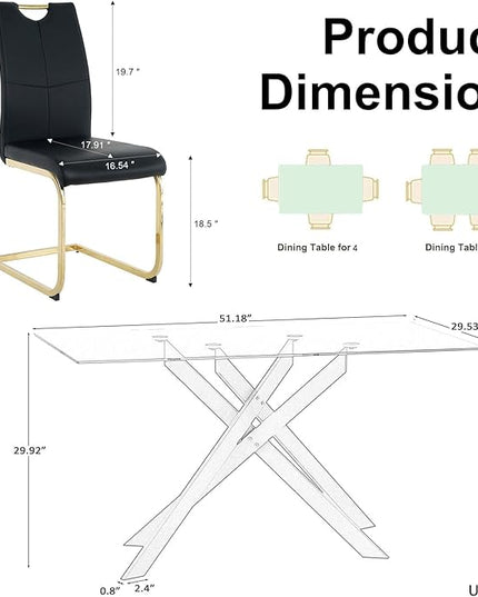 5 Piece Glass Dining Table Set, Gold Glass Kitchen Dining Room Table Set for 4, Modern 51" Rectangular Glass Metal Dining Table with 4 Black Leather Dining Chairs for Kitchen Dining Room