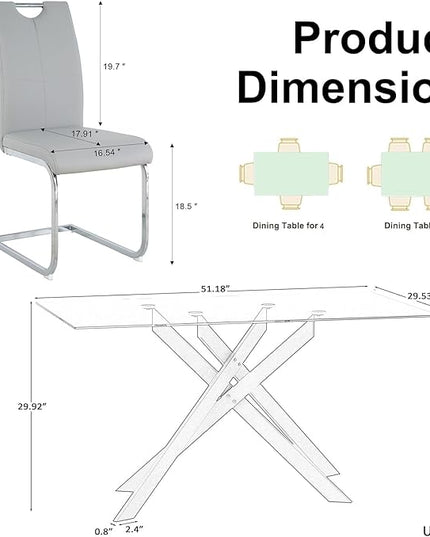 5 Piece Glass Dining Table Set, Glass Kitchen Dining Room Table Set for 4, Modern 51" Rectangular Silver Glass Metal Dining Table with 4 Grey Leather Dining Chairs for Kitchen Dining Room