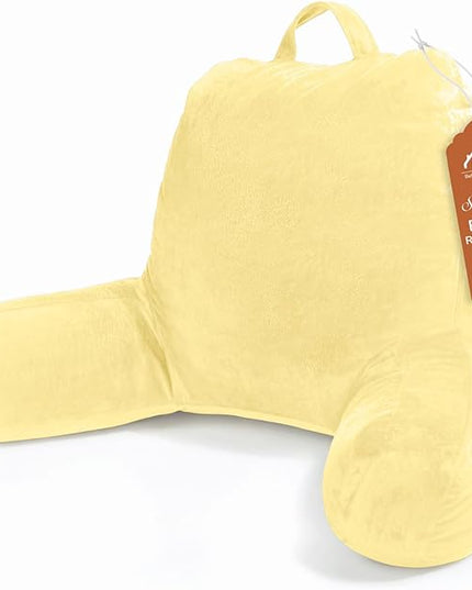 Sasttie Reading Pillow, Velvet Back Pillow for Bed Sitting Up, Adult Back-Rest Support Cushion with Arms for Sit Up on Couch, Sofa, and Floor, Dorm Essentials, Reading Accessories, Light Yellow