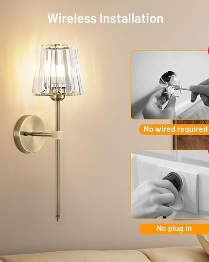 Crystal Battery Operated Wall Sconces Set of 2, Brass Rechargeable Wireless Wall Lights with Crystal Lampshade, 12 RGB and 3CCT Dimmable Wall Lamp with Remote for Bedroom Living Room Hallway